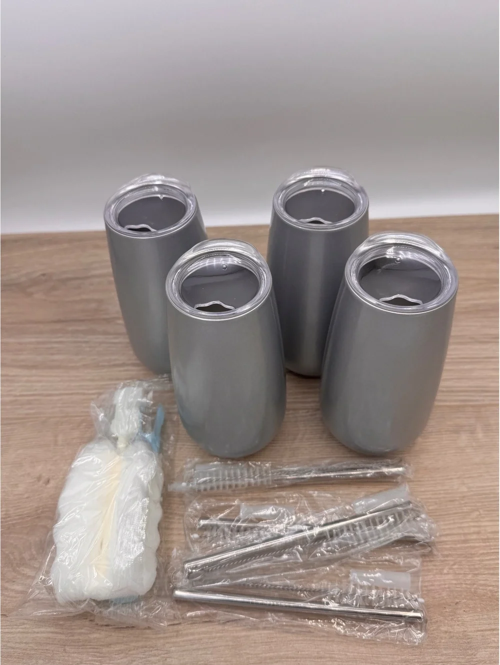 4 Pack Stemless Double Insulated Champagne Flute Tumbler with Lid 5 Oz Silver